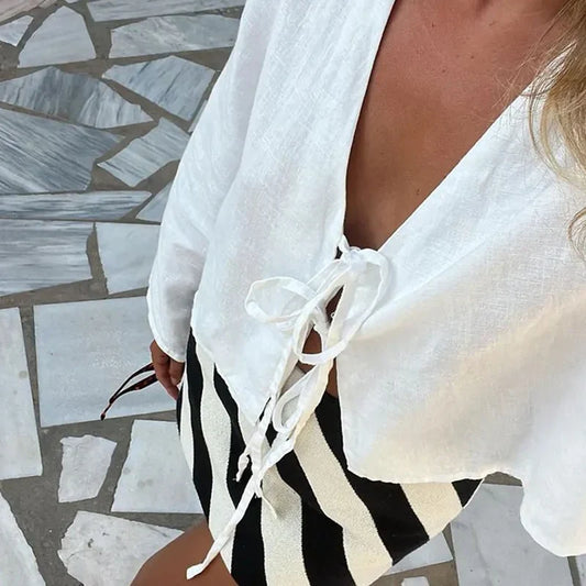 Loose Lace-up Bow V-neck Flare Sleeve Blouse