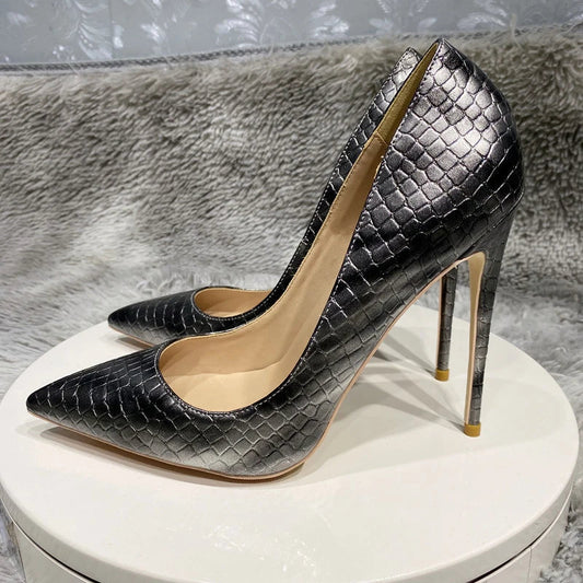 Grey Crocodile Effect Pointy Toe High Heel Party Dress Wedding Shoes for Women