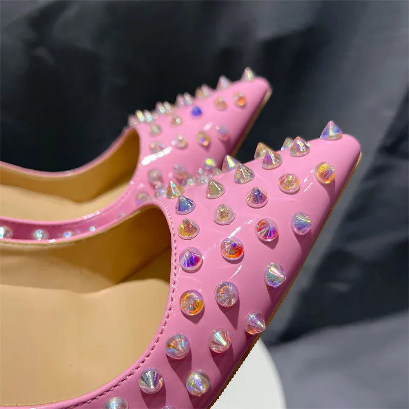 Pink Patent Pointy Toe High Heels Shoes with Crystal Spikes for Women