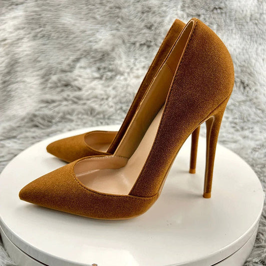Brown Flock Pointy Toe High Heel Shoes for Sexy Women with Curl Cut