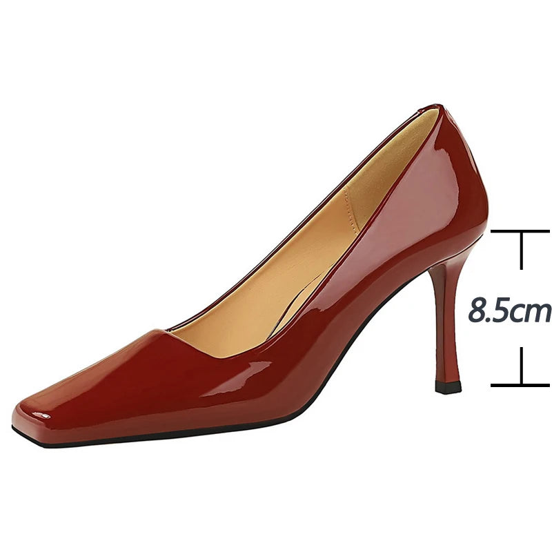 Square Toe Women Pumps High Heels Stilettos Career Office Shoes in Patent Leather