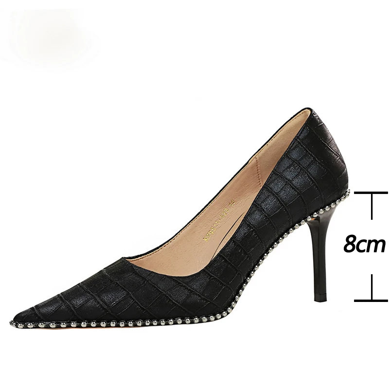 8 Cm Stiletto Pumps with Metal Beads and Kitten Heels for Women