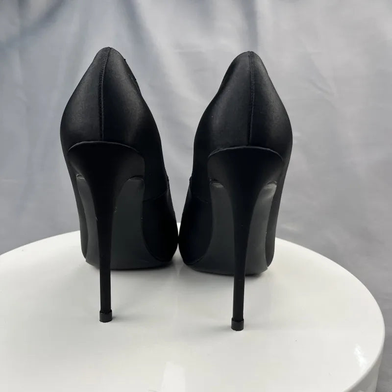 Black Satin Sexy Pointe Toe High Heel Dress Shoes for Women