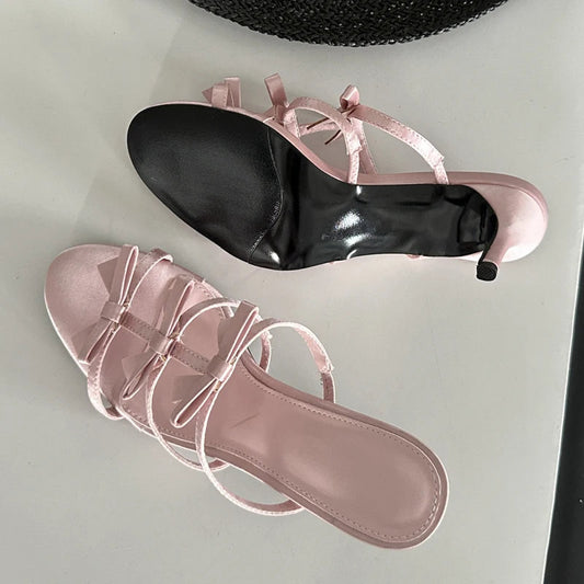 Flower Woman Slippers with Thin Low Heels and Narrow Band for Summer Beach or Stripper Use