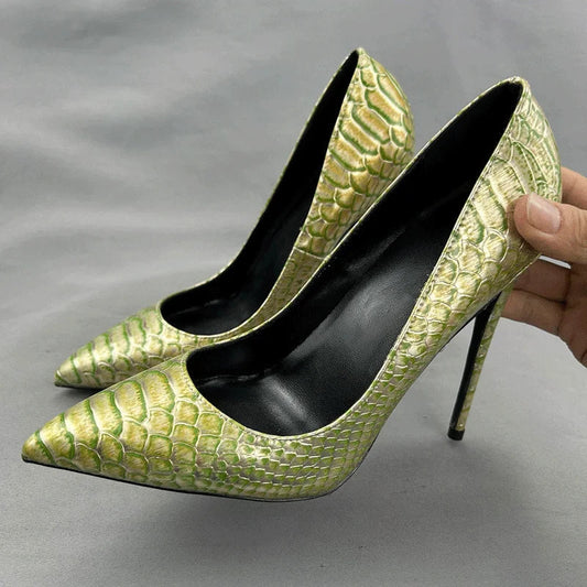 Green Gold Crocodile Effect Pointy Toe High Heel Shoes for Women