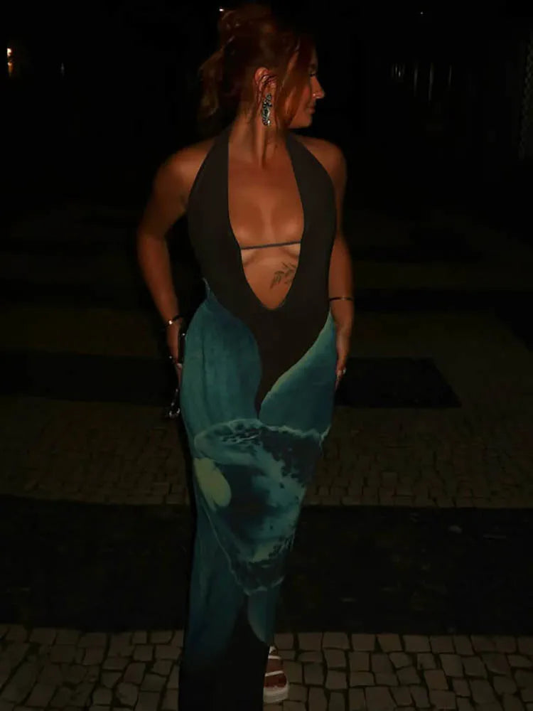 Deep V Neck Halter Off-shoulder Backless Vacation Dress