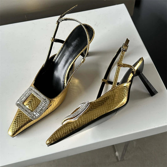 Spring Autumn Women Pumps Designer Pointed Toe Buckle Strap Thin Heels Gold Silver