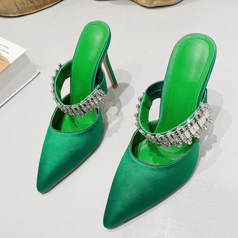 Rhinestone High Heels Women Slippers Pointed Toe Mules Shoes