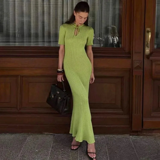 Knit Hollow Short Sleeve Midi Dress