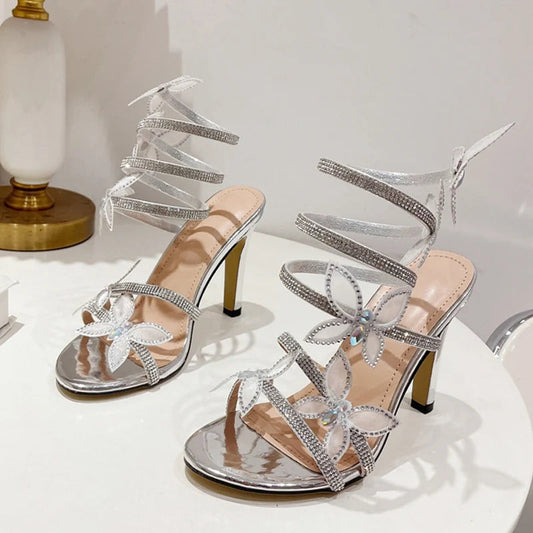 Crystal Butterfly Open Toe Thin High Heels