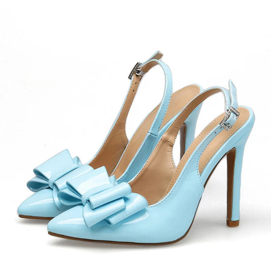 Blue Leather Bowknot Pointed Toe Stiletto High Heels for Women