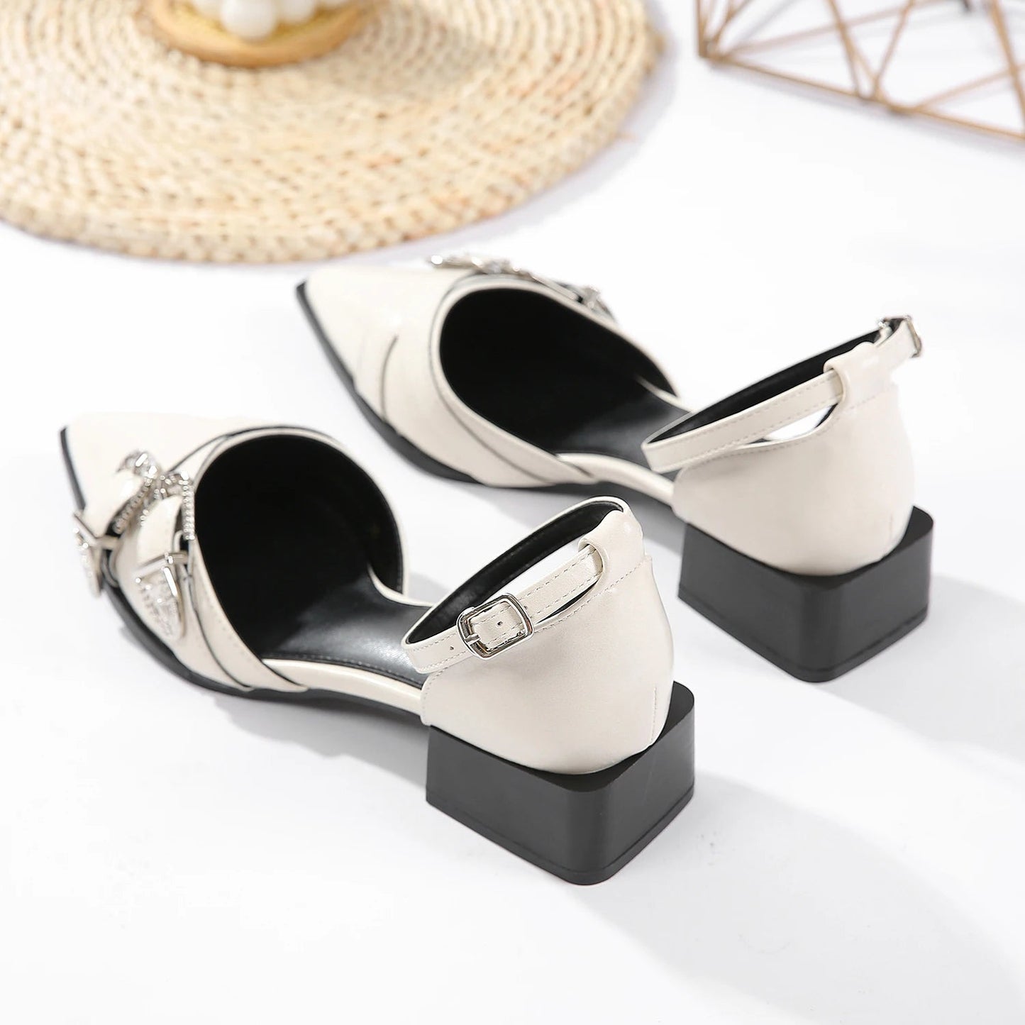 Women's Rhinestone Pointed Shallow Low-Heeled Sandals with Belt Buckle