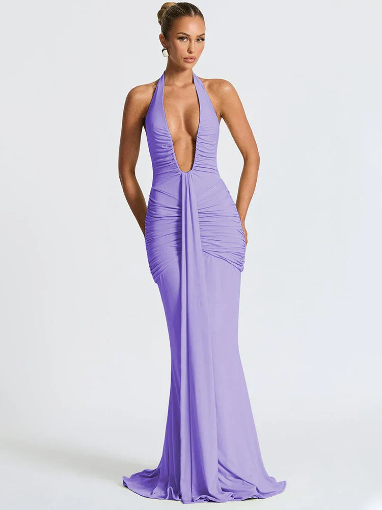 Draped Deep V Club Party Maxi Bodycon Dress