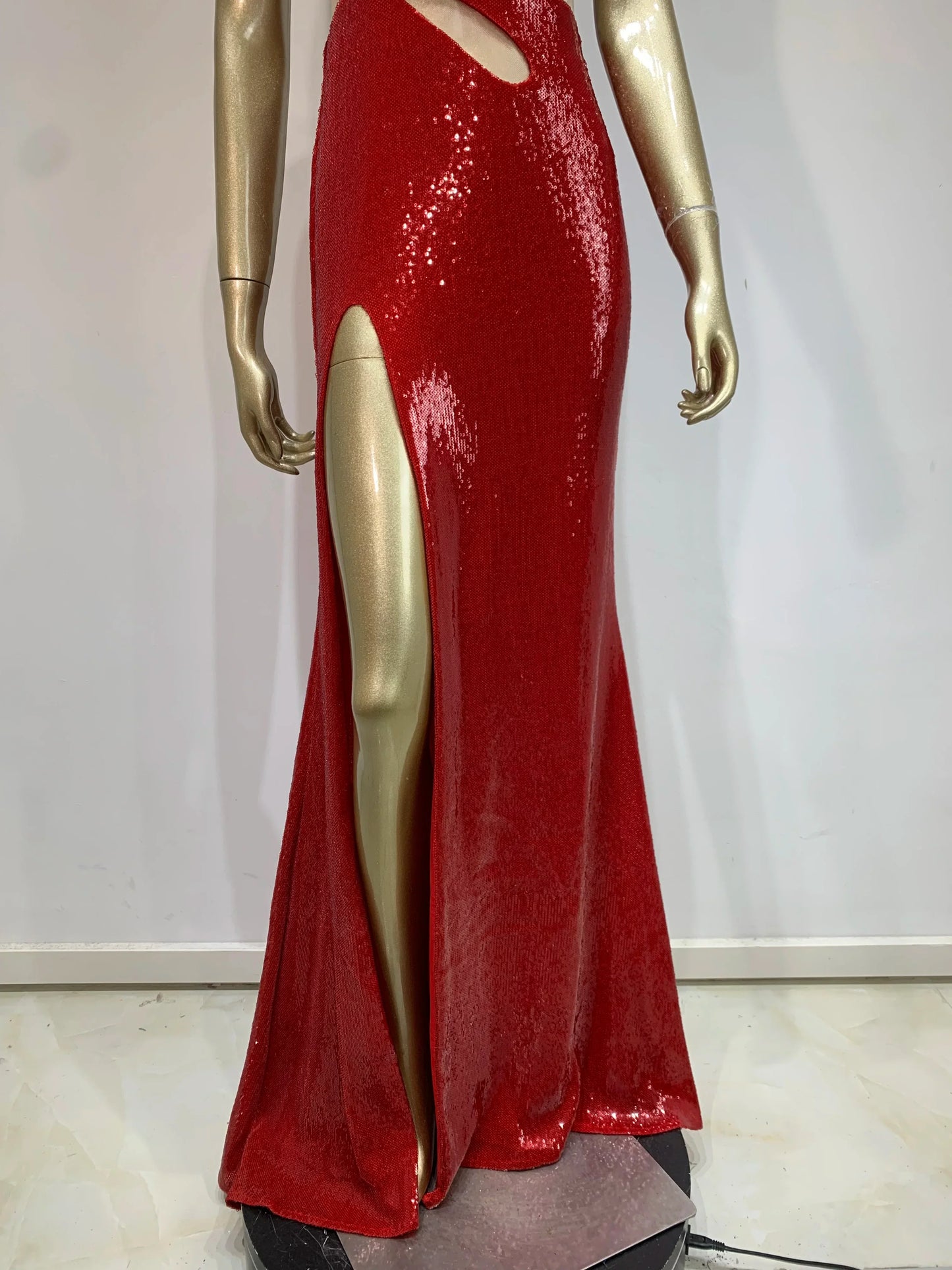 One Shoulder Mesh Sequins Red Maxi Dress