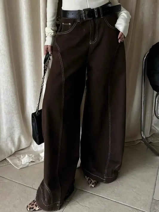 Vintage Brown Wide Leg Jeans Women Y2k High Street Baggy Denim Trousers Grunge Hip Hop American Retro Oversized Jeans