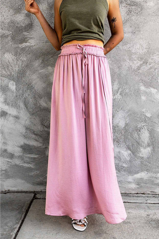 Smocked Drawstring Slit Midi Skirt