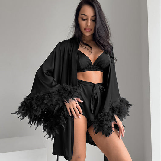 Navy satin feather trim three piece pajama set