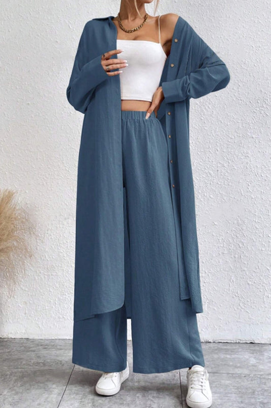 Solid Long Shirt Wide Leg Pants Set