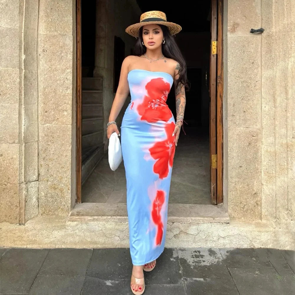 | Strapless maxi dress in painted bloom