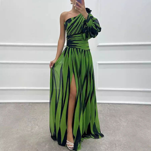 Printed Diagonal Shoulder Split Dress Casual Loose Party Dress Dress