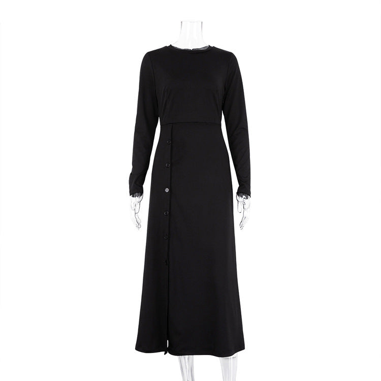 Long Slit GracefulTight Waist Slim-Fit Long Sleeve Milk Silk Dress