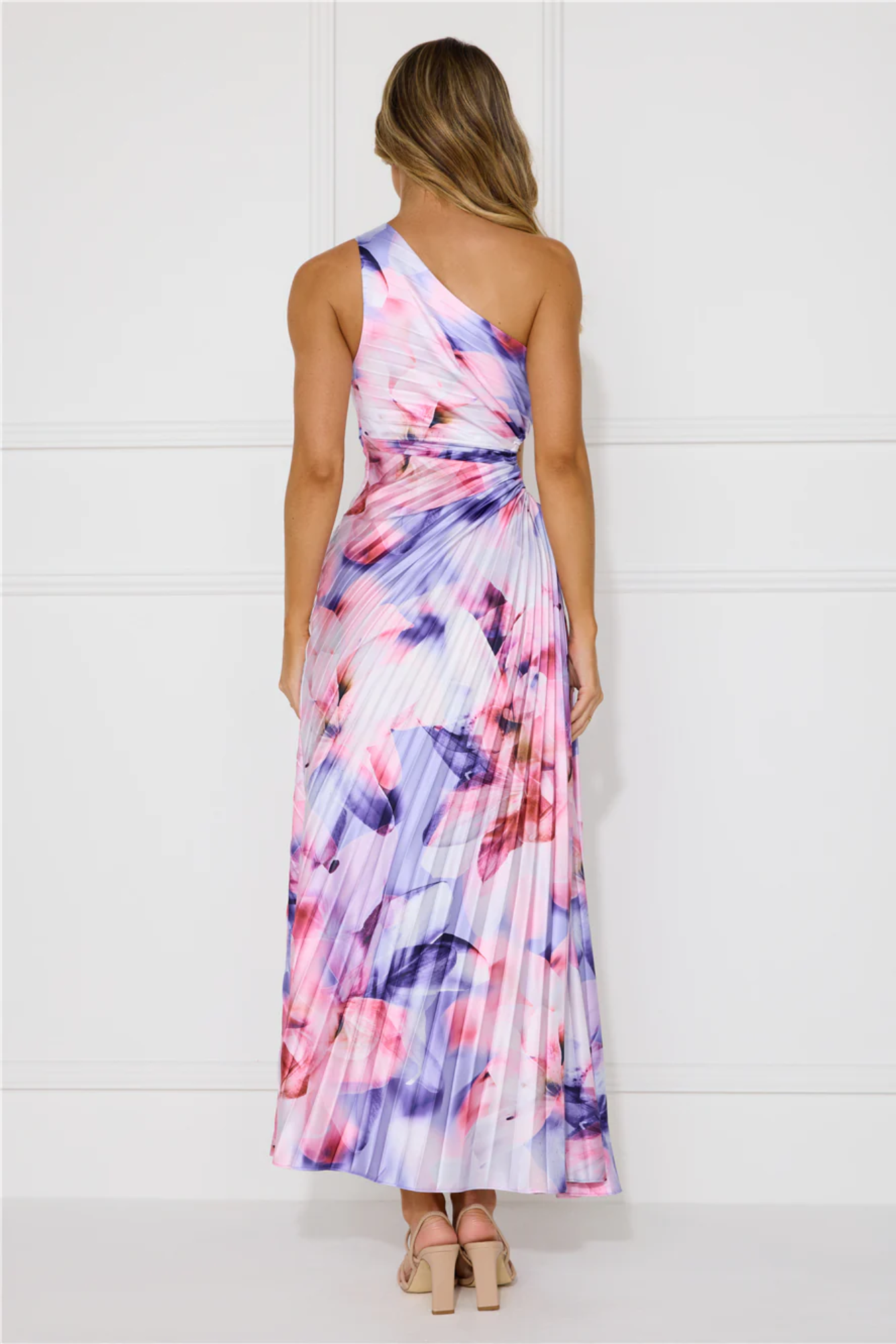 | Pleated Floral Drape One-Shoulder Maxi Dress