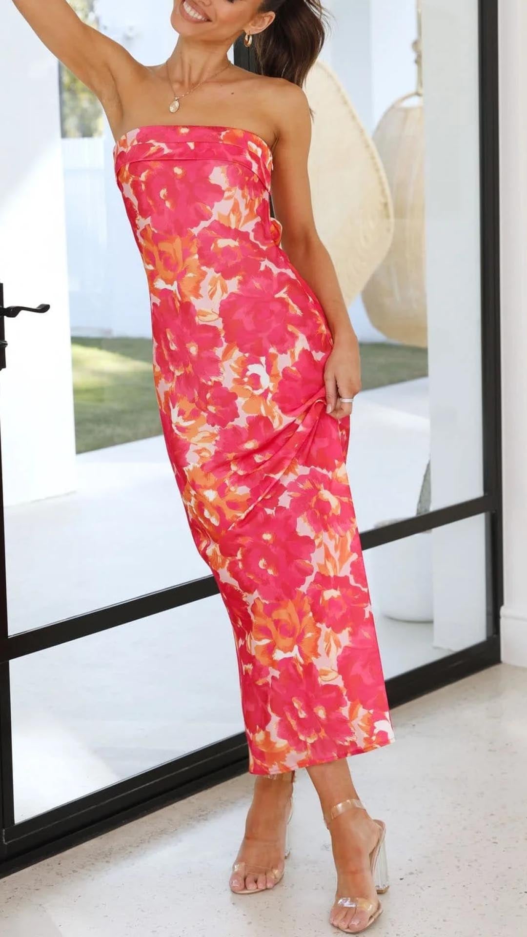 Strapless Foldover Band Floral Print Satin Bodycon Midi Dress