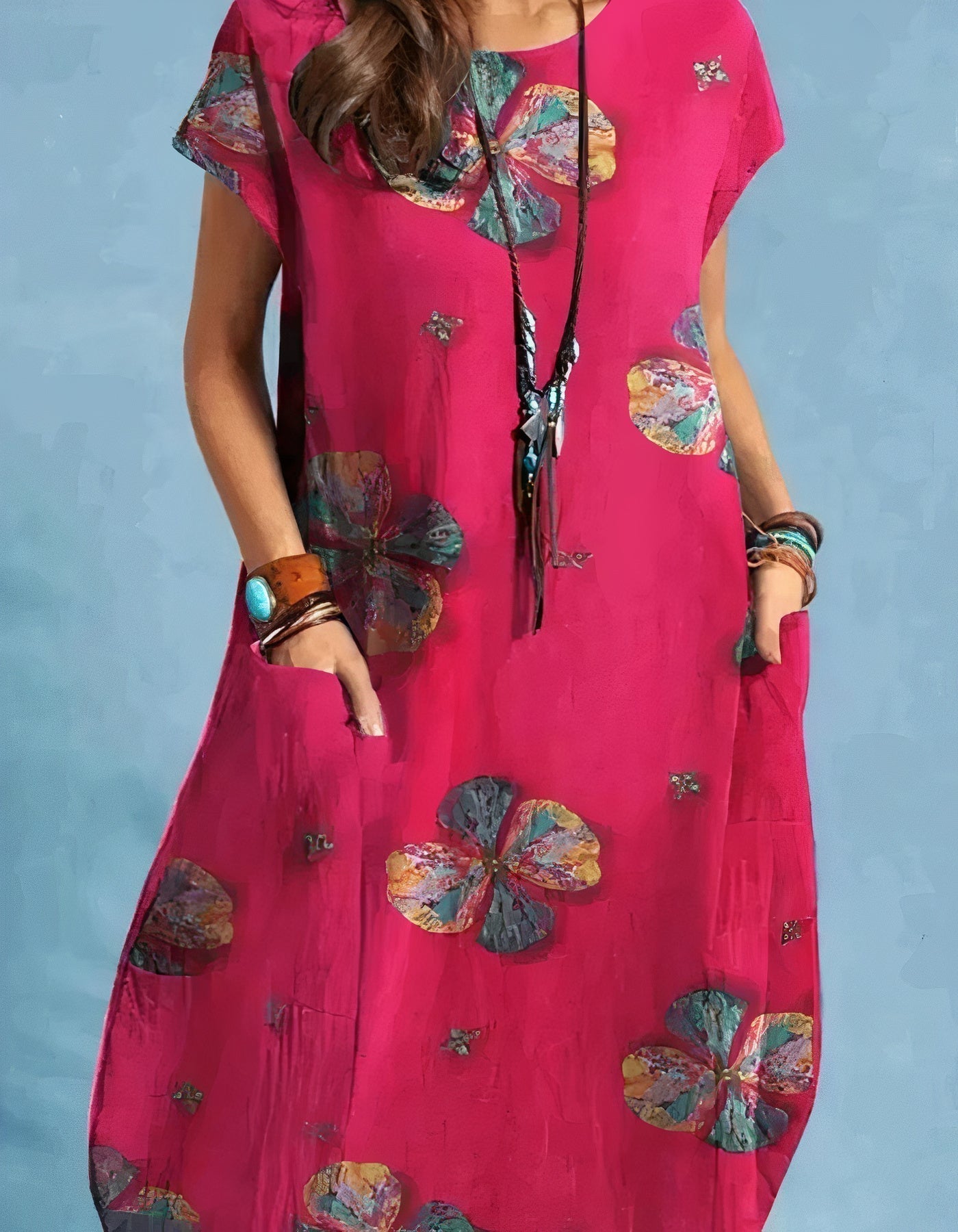 Botanical Floral Print Cap Sleeve Round Neck Pocket Shift Midi Dress