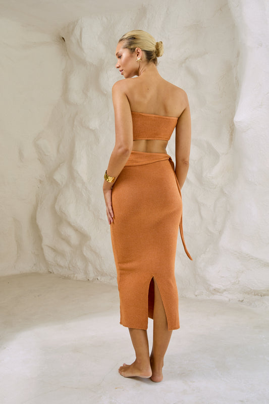 Rib Knit Strapless Cutout Tie Waist Wrap Midi Dress