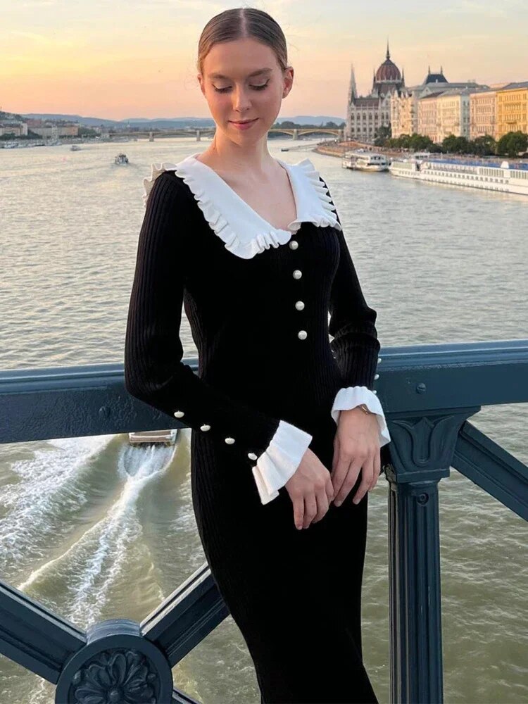 Rib Knit Ruffled Collar Button Placket Long Sleeve Flounce Hem Midi Dress