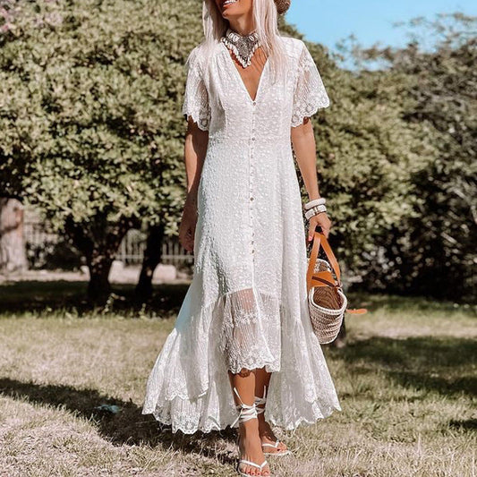 Lace Short Sleeve V-Neck Button Front High Low Maxi Dress
