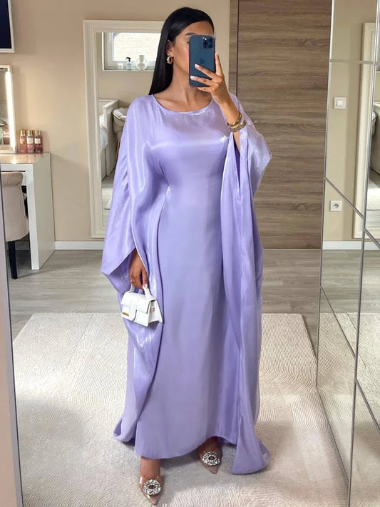 Autumn Loose Shiny Maxi Dress Women’s Butterfly Batwing Long Sleeve Muslim Clothes Party Dress Solid Female Long Dress New
