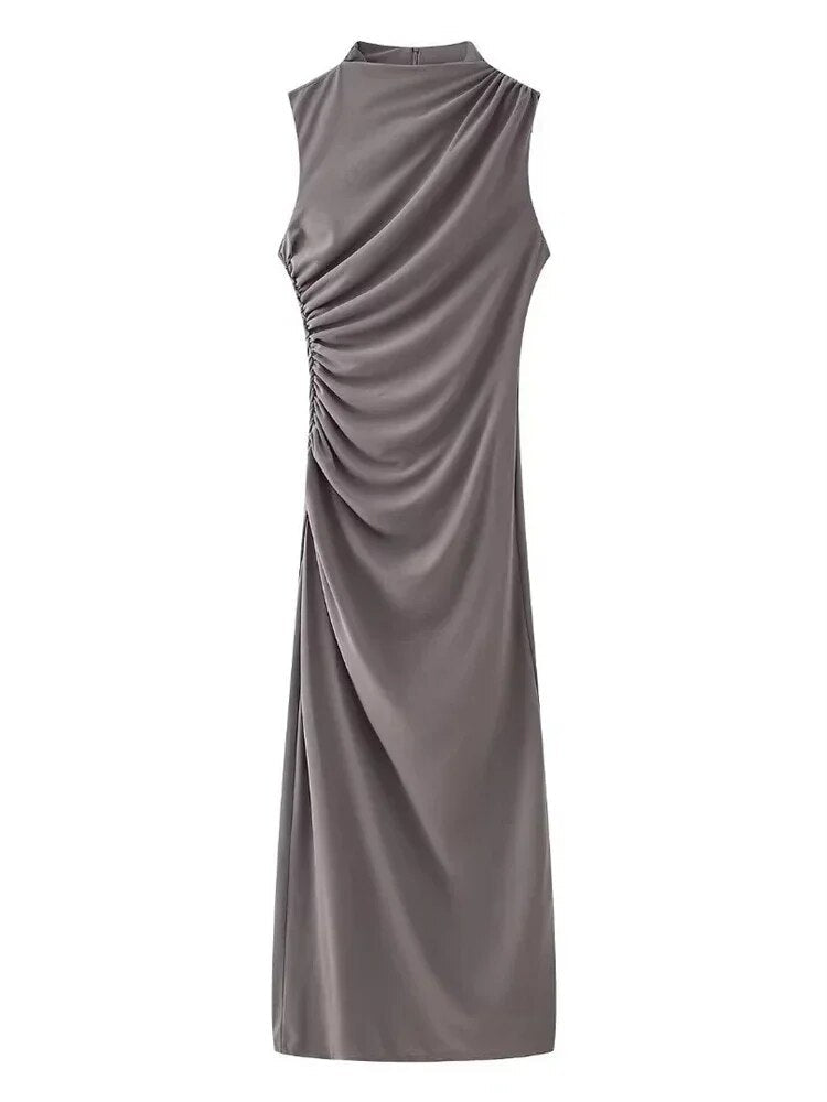 Sleeveless Cowl Neck Ruched Gathered Bodycon Maxi Dress