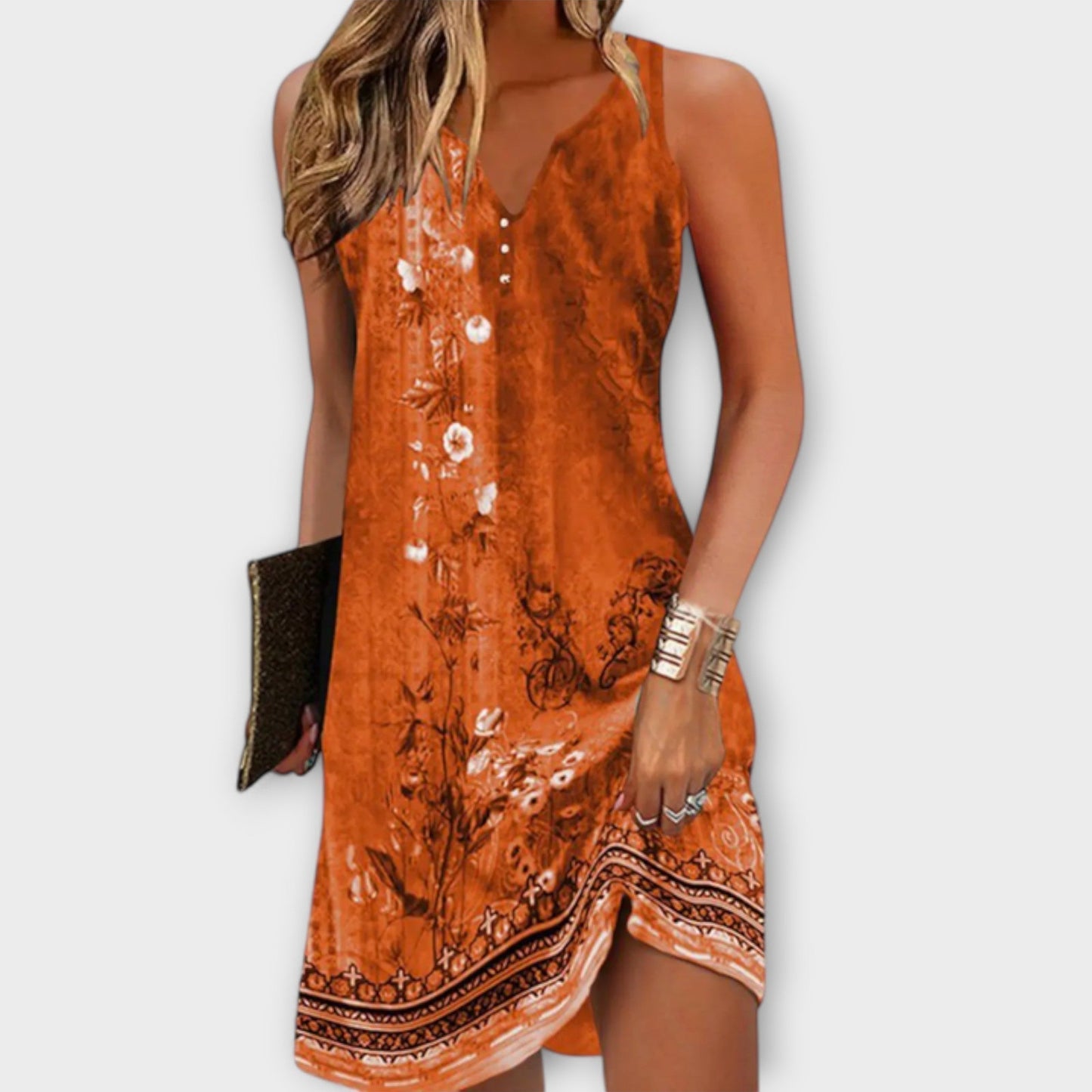 V-Neck Button Front Floral Border Print Tank Mini Dress