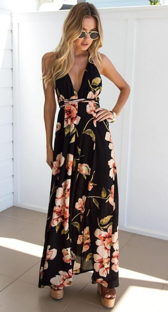 Floral Print Plunging V-Neck Halter Empire Waist Maxi Dress