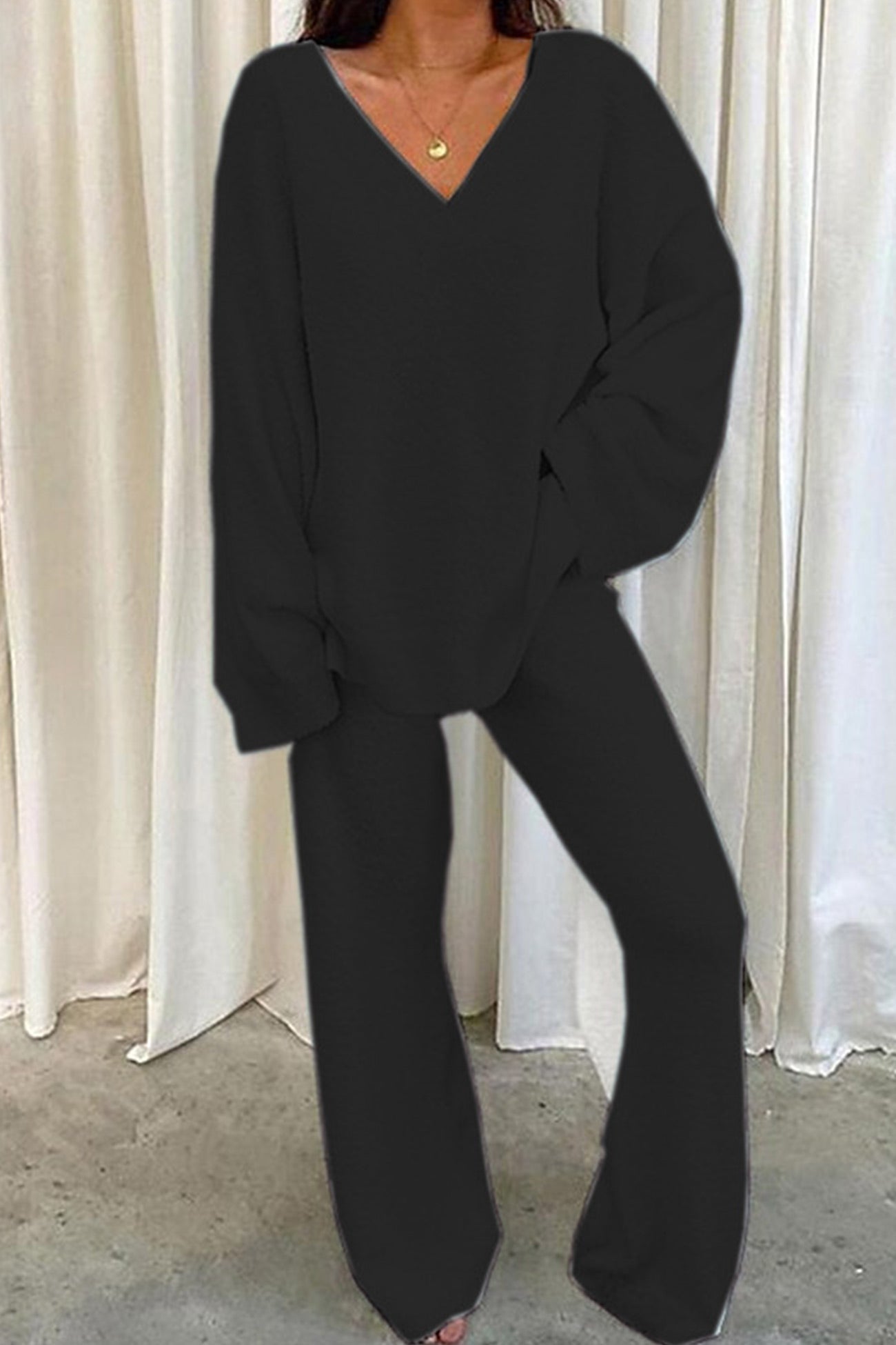 V Neck Solid Slit Hem Loungewear