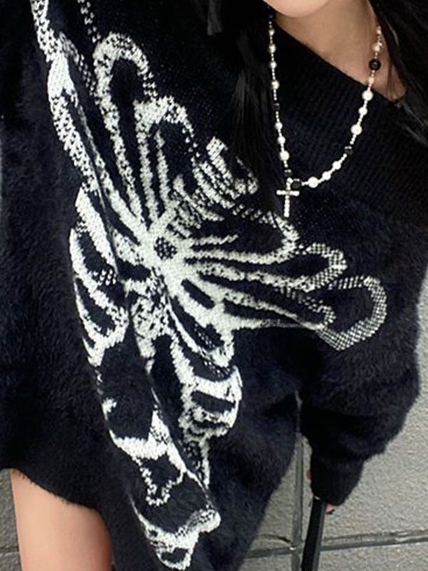 Skeleton Print Off Shoulder Loose Sweater