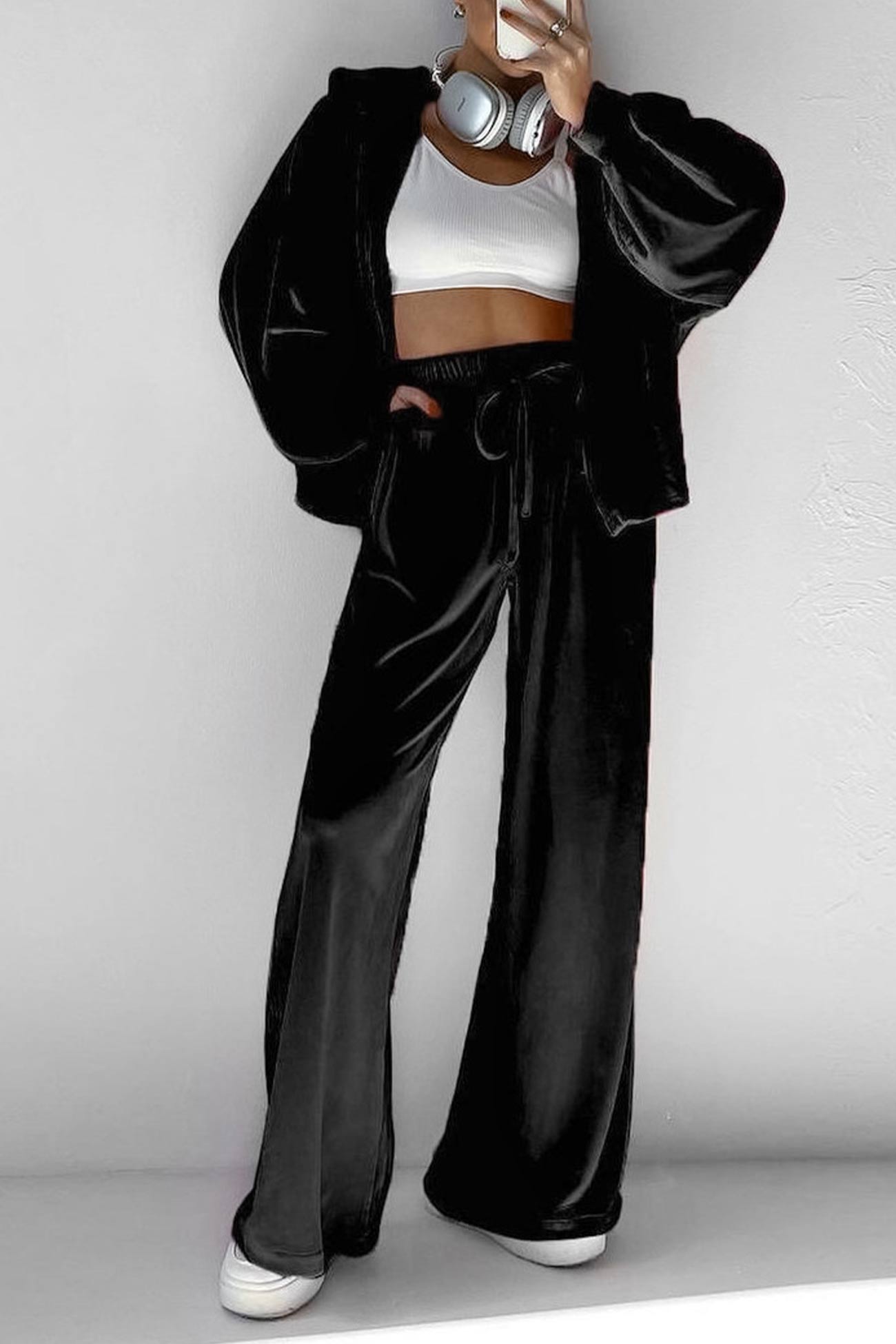 Velvet Hooded Zipper Two-Piece Sweatpants Set