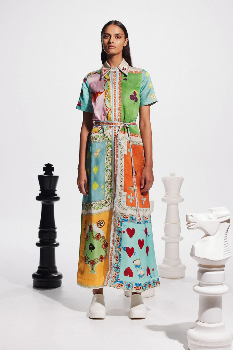 Playing Card Suit Patchwork Print Shirt Collar Tie-Waist Maxi Dress