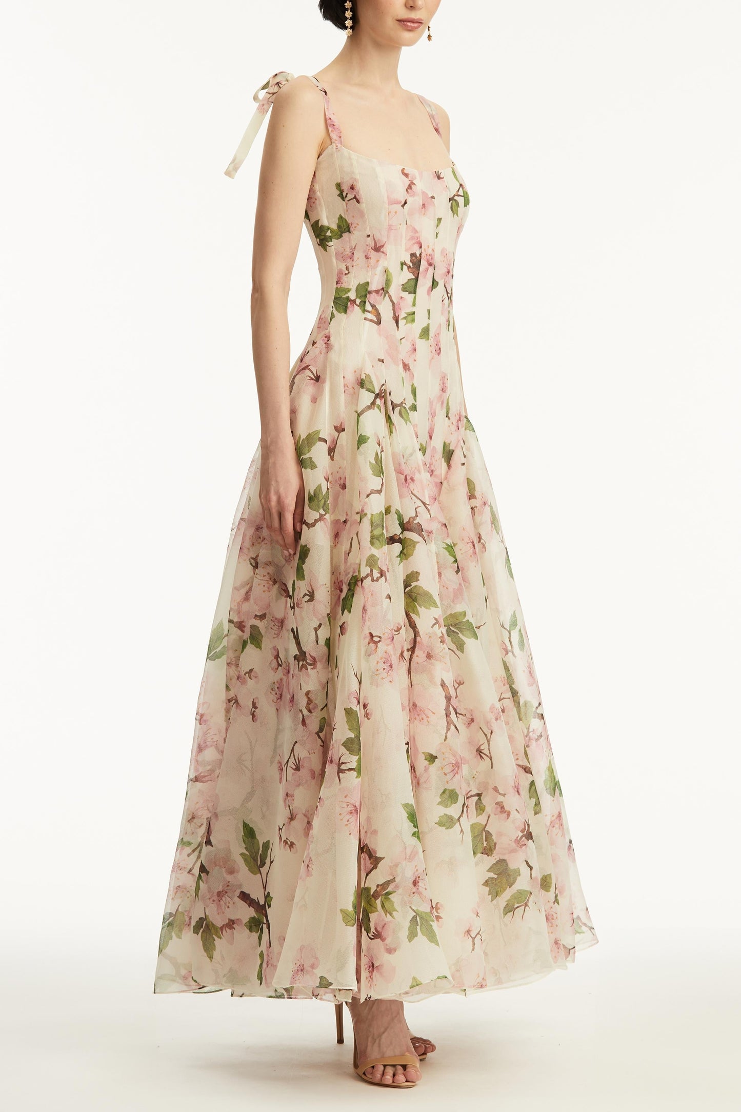 Botanical Print Corset Bodice Spaghetti Strap A-Line Maxi Gown
