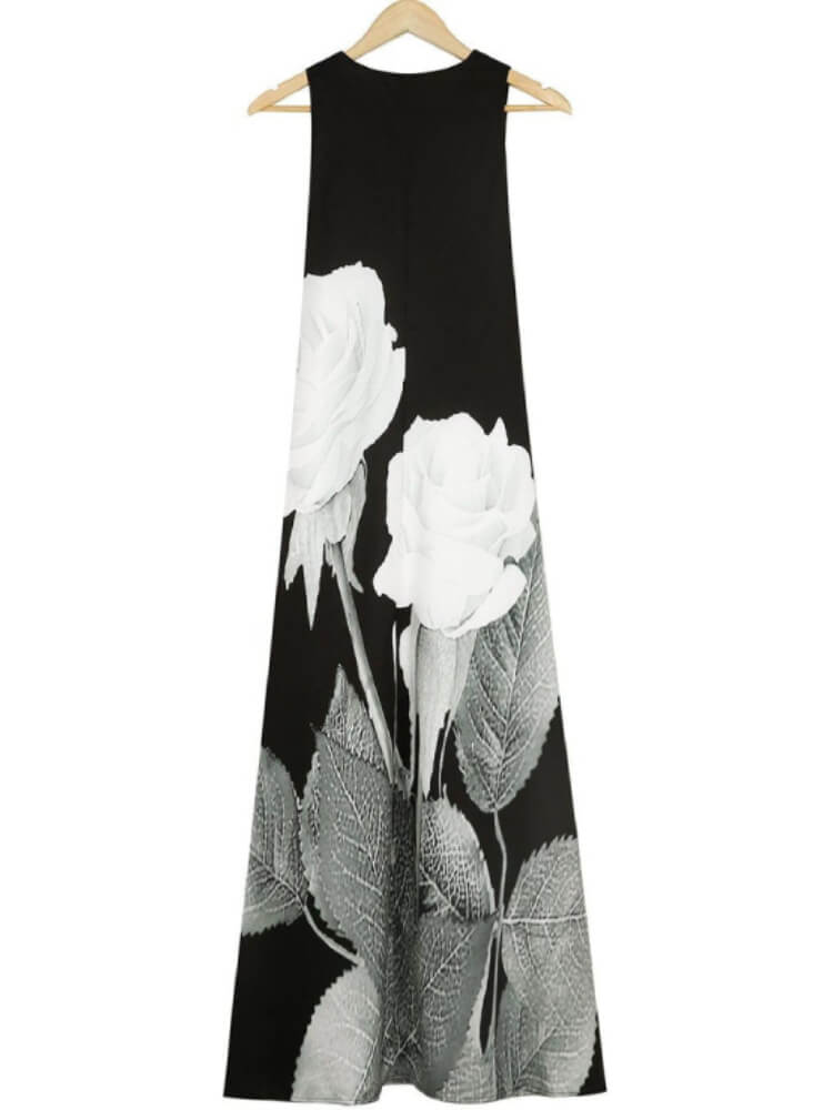 Split V Neck Sleeveless Large Scale Floral Print Pocket Maxi Dress