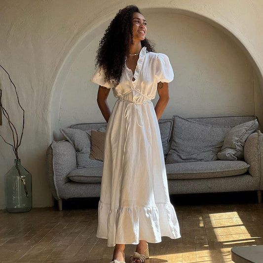 white v neck tie waist maxi dress with puff sleeves
