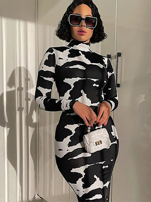 Printed Long Sleeve Pencil Midi Dress