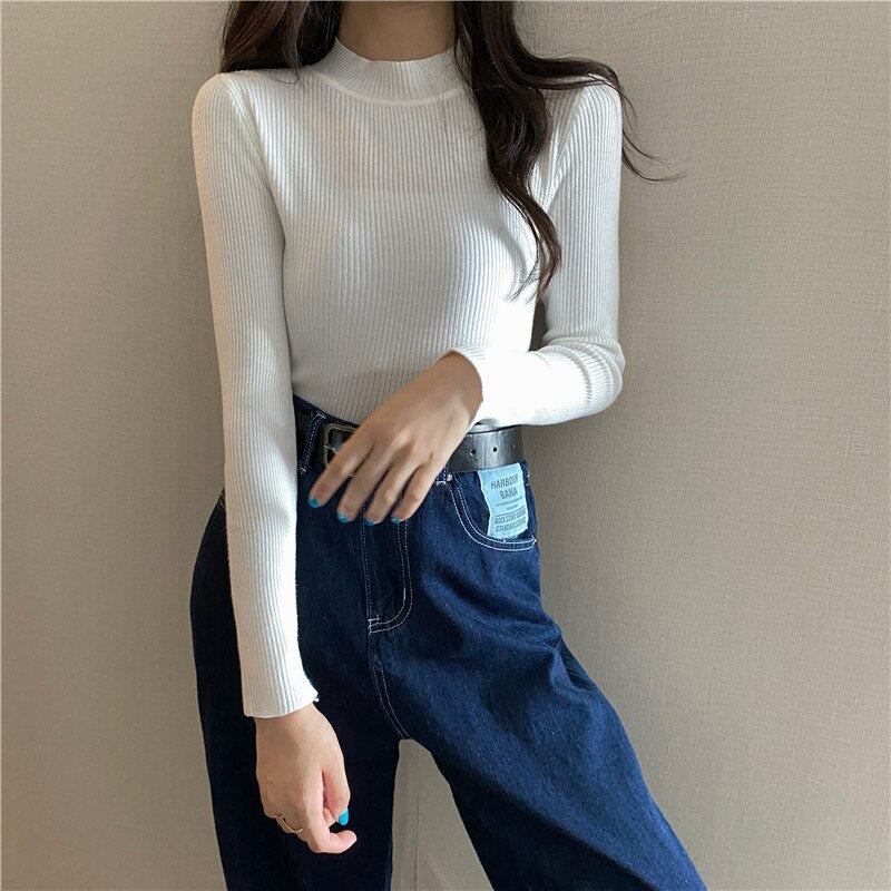 DressBetty - Knitted Half Turtleneck Full Sleeve Basic Tops