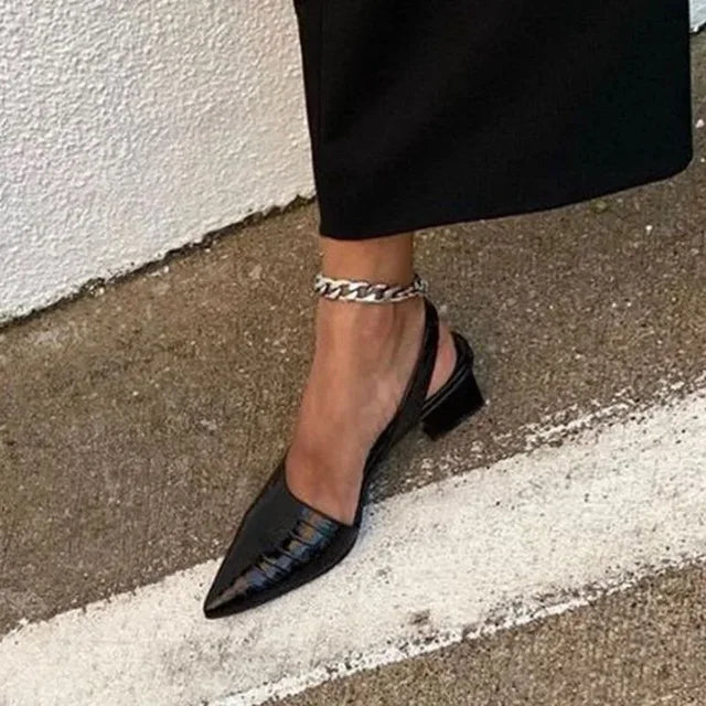Women's Crocodile Pattern Low Block Heel Leather Pumps – Elegant Comfort Shoes