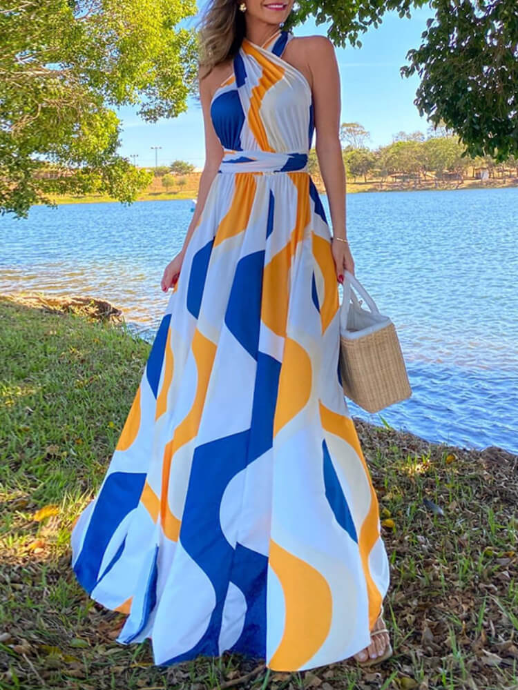 Halter Cross Front Belted Pleated Botanical Print Side Slit Maxi Dress