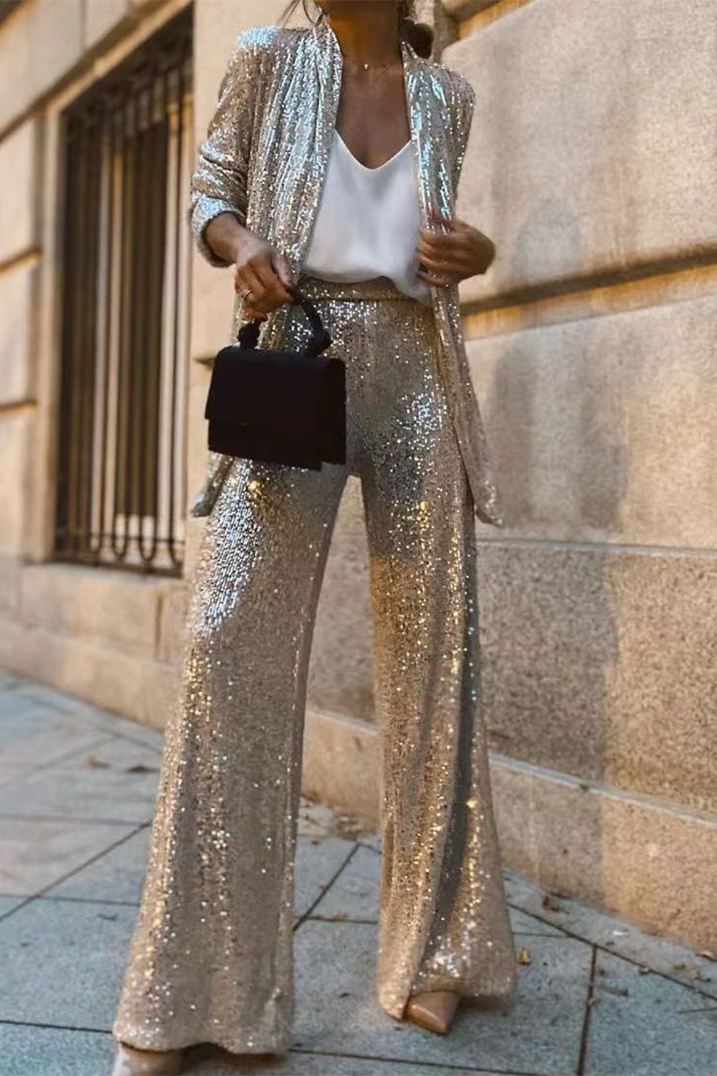 Women's Sequin Jacket and Wide-Legged Pants Set
