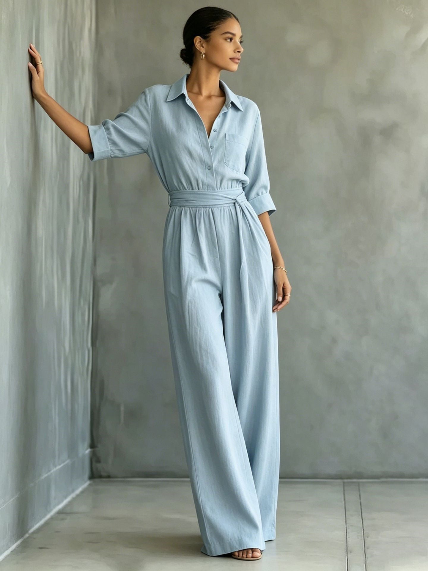 Macaron Solid Color Tie-waist Belt Pocket Two-piece Set