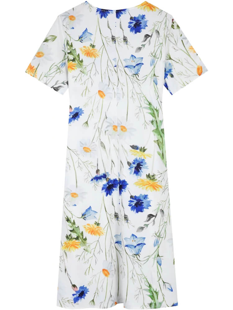 Scoop Neck Pleated Bodice Wildflower Print Pocket Knee Length Dress
