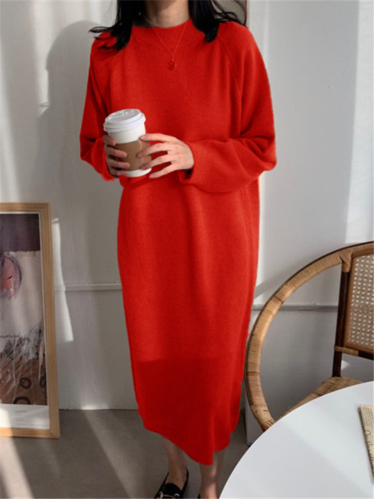 Crew Neck Raglan Sleeve Rib Knit Side Slit Midi Sweater Dress